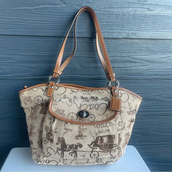 COACH Signature Madison Horse & Carriage Campbell Shoulder Bag Tote Tan Khaki - Picture 6 of 8